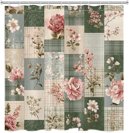 Retro Floral Patchwork Shower Curtain, Pink and Green, 72x72 inch