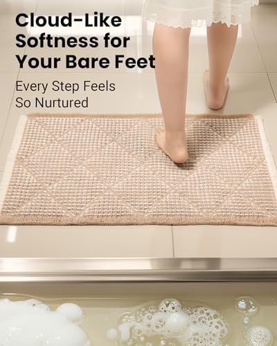 Furicher Waffle Bath Mat Set, Non Slip Bathroom Rugs 2 Piece, Brown & White