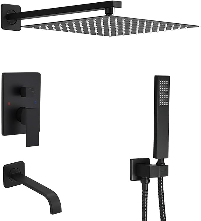 Matte Black Shower System with Tub Spout Wall Mounted Bathtub Shower Faucet Set for Bathroom with High Pressure 10" Rain Shower head and Handheld Shower Head Kit