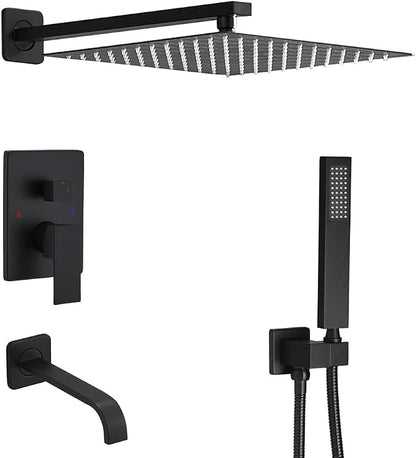 Matte Black Shower System with Tub Spout Wall Mounted Bathtub Shower Faucet Set for Bathroom with High Pressure 10" Rain Shower head and Handheld Shower Head Kit