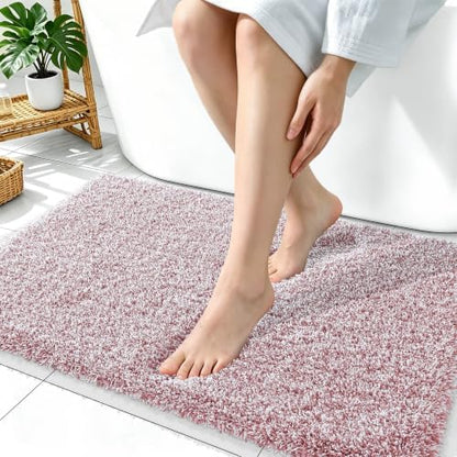 OLANLY Microfiber Bathroom Rugs 36x24, Quick Dry Mat, Deep Rose and White