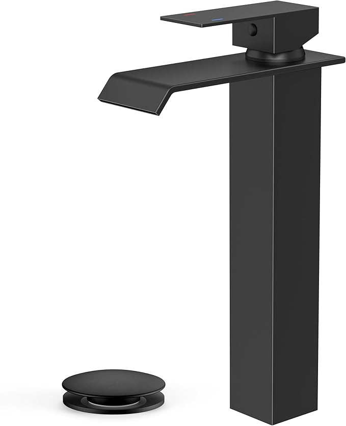 Forious Matte Black Vessel Bathroom Sink Faucets 1 Hole, Tall Waterfall Bathroom Faucet Single Handle with Pop Up Drain and Supply Lines, Deck Mount