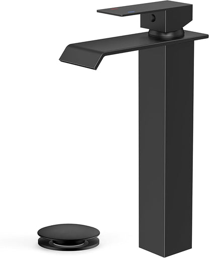 Forious Matte Black Vessel Bathroom Sink Faucets 1 Hole, Tall Waterfall Bathroom Faucet Single Handle with Pop Up Drain and Supply Lines, Deck Mount
