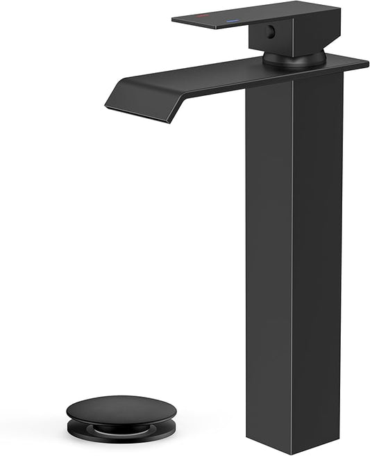 Forious Matte Black Vessel Bathroom Sink Faucets 1 Hole, Tall Waterfall Bathroom Faucet Single Handle with Pop Up Drain and Supply Lines, Deck Mount