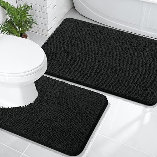 OLANLY Chenille Bathroom Rugs Mats Sets 2 Piece, 36"x24"+24"x20", Black
