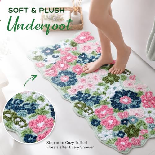 TRUEDAYS Wildflower Floral Runner Bathroom Rug - Cute Tufted Non Slip Soft Flower Shaped Bath Mat, Washable Farmhouse & Cottagecore Bathroom Decor - Aesthetic Rug for Vanity, Tub, Entryway