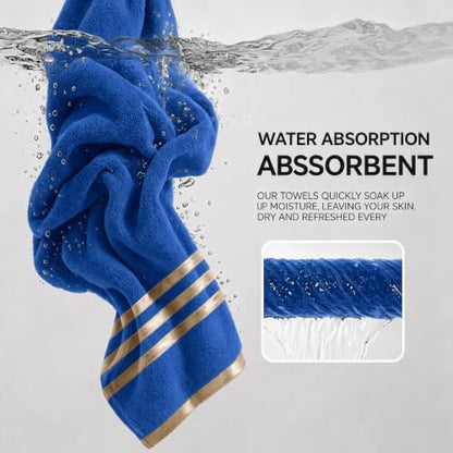 6-PCS Coral Fleece Microfiber Towel Set with Gold Stripes, Super Absorbent, Multiple Colors Available for Home, Bathroom, Hotel & Gym (6, Dark Blue)