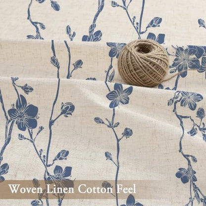 Navy Blue Farmhouse Linen Shower Curtain, Boho Floral Fabric, 72 x 78