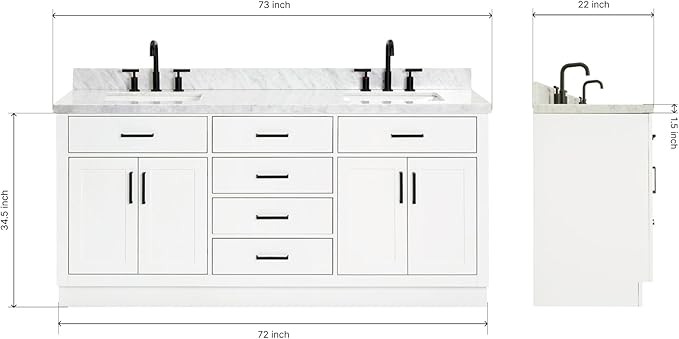 DKB Isabella 72 Inch Bathroom Vanity Double Sink — White Bathroom Vanity with Sink, 1.5" Edge Italian Carrara Marble Countertop & Backsplash, 4 Soft-Close Doors, 4 Dovetail Drawers, and 2 Tilt Drawers