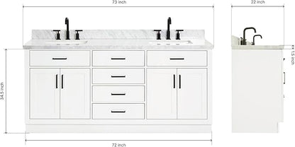 DKB Isabella 72 Inch Bathroom Vanity Double Sink — White Bathroom Vanity with Sink, 1.5" Edge Italian Carrara Marble Countertop & Backsplash, 4 Soft-Close Doors, 4 Dovetail Drawers, and 2 Tilt Drawers