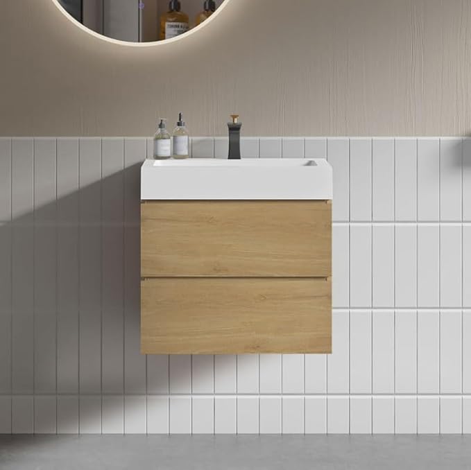 24" Floating Bathroom Vanity with Sink, Modern Bathroom Cabinet with Top and Soft Close Drawers, Spacious Storage for Small Space, Natural Oak - Lavanda Collection
