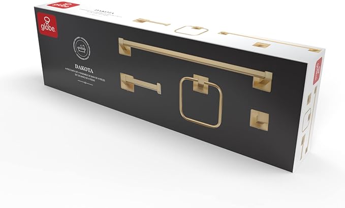 Globe Electric 65562 Dakota 4-Piece Bathroom Hardware Accessory Kit, Matte Brass, Towel Bar, Towel Ring, Robe Hook, Toilet Paper Holder