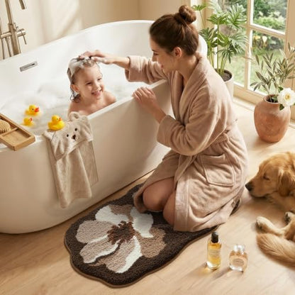 LUMI Flower Bathroom Rug, Absorbent Non Slip Bath Mat, 20x32, Brown Flower