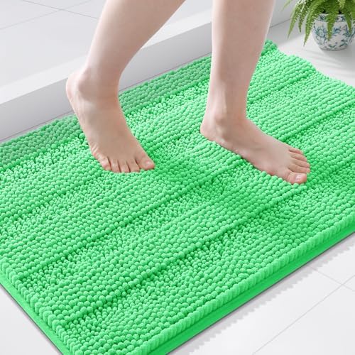Grandaily Chenille Striped Bathroom Rugs 36x24, Extra Thick and Soft Absorbent Bath Mats, Rubber Backing, Plush Shaggy Shower Carpet, Machine Wash Dry, Bath Rug for Bathroom, Mint Green