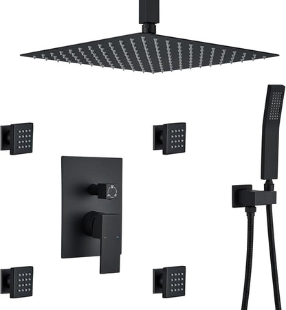 Rain Shower System With Complete 4 Pcs Body Sprays Jets And Pressured Balance Rough-in Valve,12Inch Rainfall Shower Head And Handheld, Modern Matte Black Ceiling Mount Shower Faucets Sets
