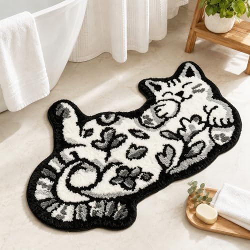 Cute Cat Bath Mat, Unique Black Small Fun Bathroom Rug