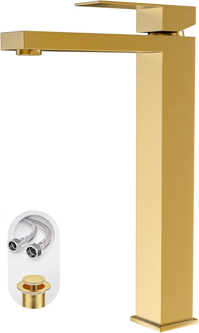 Brushed Gold Tall Bathroom Faucet Single Handle Vessel Sink Faucet Vanity Bathroom Faucet Above countertop Sink with Water Supply Hose and Pop Up Sink Drain,BF3530P-BG-V