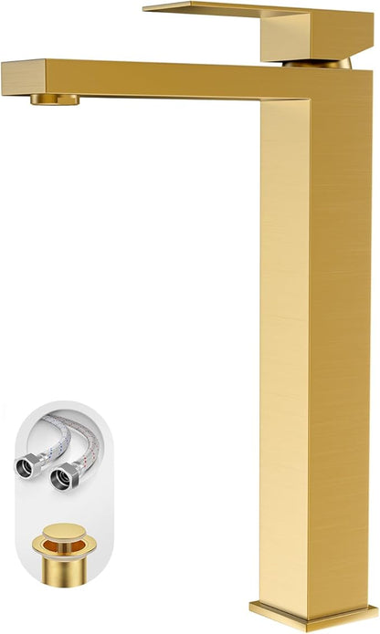 Brushed Gold Tall Bathroom Faucet Single Handle Vessel Sink Faucet Vanity Bathroom Faucet Above countertop Sink with Water Supply Hose and Pop Up Sink Drain,BF3530P-BG-V