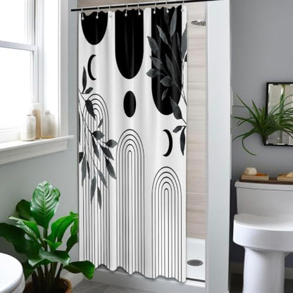 Mid Century Modern White and Black Shower Curtain Bohemian MCM Black and White Shower Curtains for Mens Bathroom Decor, Boho Minimalist Pattern, Waterproof Cloth Fabric with Hooks 48x72 in