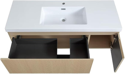 48 Inch Floating Bathroom Vanity with Sink, Wall-Mounted Striped Storage Cabinet with Soft-Close Drawer, Glossy White Solid Surface Basin, Fully Assembled, Natural Oak Finish