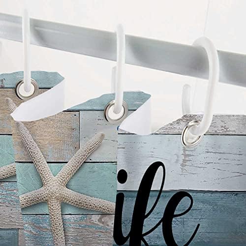 Beach Shower Curtain, Rustic Vintage Wood Ocean Quote Words Fabric Decor Bath Curtain, Nautical Coastal Starfish Theme Shower Curtain Accessories with Hooks 60X70in