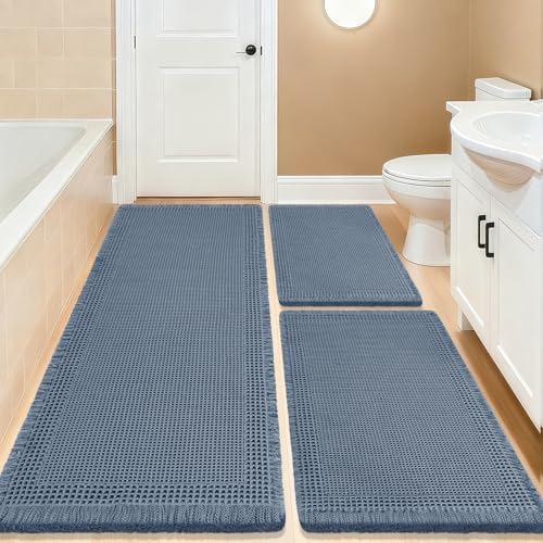 IM HOME Upgrade Waffle Bath Mat Set 3 Piece, Boho Bathroom Rugs Absorbent Non Slip, Soft Bathroom Mats, Machine Washable Knit Bath Rugs with Border for Bathroom, Bedroom, Kitchen, Shower, Tub, Blue