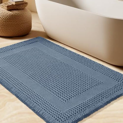 Upgrade Waffle Bath Mat, Boho Bathroom Rugs Absorbent Non Slip, Ultra Soft Bathroom Mat, Machine Washable Knit Bath Rugs with Tassels for Bathroom, Bedroom, Kitchen, Shower, Tub, 32"x20", Blue