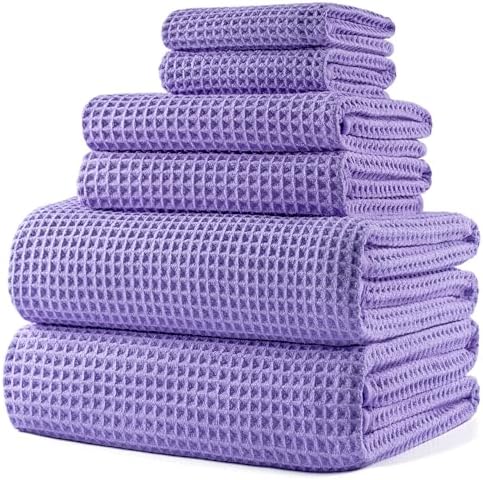 POLYTE 430 GSM Poly Blend Microfiber Quick Dry Waffle Bath Towel Set of 6
