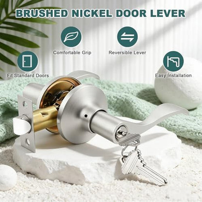 GOBEKOR Entry Door Handles with Lock and Same Keys, Brushed Nickel Keyed Aliked Entry Door Lock Sets for Exterior & Interior Doors, Reversible Door Levers for Bedroom Bathroom, 2 Pack