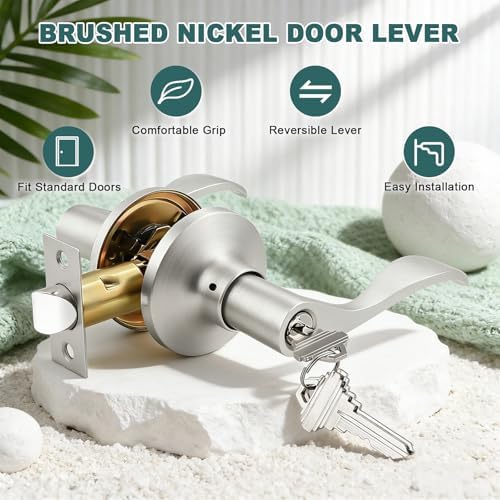 GOBEKOR Entry Door Handles with Lock and Keys, Brushed Nickel Keyed Entry Door Lock Sets for Exterior & Interior Doors, Reversible Door Levers for Bedroom Bathroom, 1 Pack