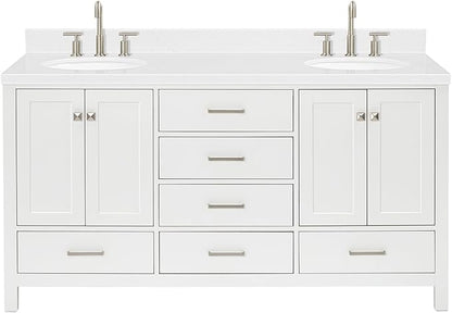ARIEL Cambridge 66-inch Bathroom Vanity with Sink,Solid Wood, 1.5-inch Carrara White Quartz Countertop & Backsplash, Double Oval Porcelain Sink, 4 Soft Closing Doors, 6 Dovetail Drawers, White