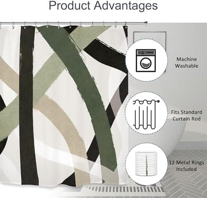 Abstract Sage Green Black Shower Curtain 60Wx72L Inch Line Minimalist Contemporary Modern Simple Art Bathroom Set Accessories Decor with 12 Pack Hooks