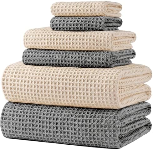 POLYTE 430 GSM Poly Blend Microfiber Quick Dry Waffle Bath Towel Set of 6