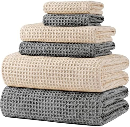POLYTE 430 GSM Poly Blend Microfiber Quick Dry Waffle Bath Towel Set of 6