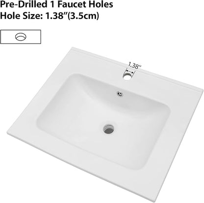 Lordear White Bathroom Sink One Hole Drop In 24 X 20 Inch One Holes Porcelain Ceramic Bathroom Vanity Top Sink Basin 24" Drop in Bathroom Sink