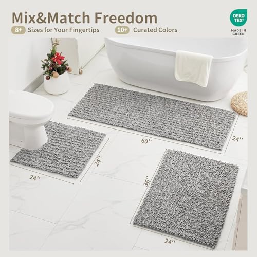 Bathroom Rugs Non Slip Washable 60x24, Extra Thick Soft Chenille Absorbent Bath Mat, High Density Barrier Non Slip Backing, Quick Dry Plush Shaggy Floor Carpet for Tub&Shower, Grey