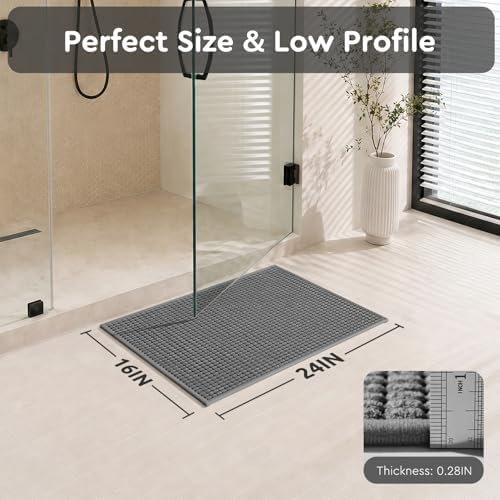 tchdio Bath Mat, Absorbent Bathroom Mat Quick Dry, Thin Bathroom Rugs Fit Under Door, Non Slip Washable Bath Rugs with Solid Rubber Backing, Low Profile Bath Mats for Bathroom, Grey, 16" x 24"