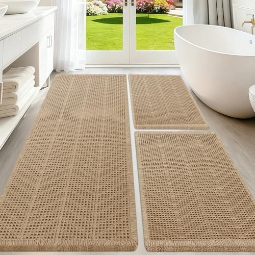 Upgraded Waffle Bath Mat Set 3 Piece Beige-Herringbone, Super Absorbent Non-Slip Quick Dry Bathroom Rugs with Tassels, Machine Washable Ultra Soft Boho Bath Rugs, Toilet Mats Boho Farmhouse Decor