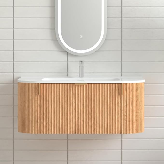 36'' Floating Bathroom Vanity with Sink, Wall Mounted Modern Bathroom Cabinet W/Curved Edges Stripes, Oak & Plywood, Pre-Assembled with Integrated Ceramic Basin – Havana, Natural Oak
