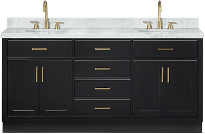 ARIEL Hepburn 72-inch Bathroom Vanity with Sink,Solid Wood, 1.5-inch Italian Carrara Marble Countertop & Backsplash, Double Oval Porcelain Sink, 4 Soft Closing Doors, 6 Dovetail Drawers, Black