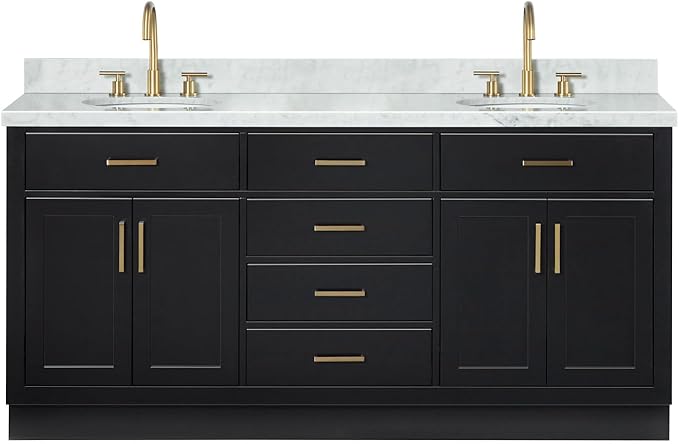 ARIEL Hepburn 72-inch Bathroom Vanity with Sink,Solid Wood, 1.5-inch Italian Carrara Marble Countertop & Backsplash, Double Oval Porcelain Sink, 4 Soft Closing Doors, 6 Dovetail Drawers, Black