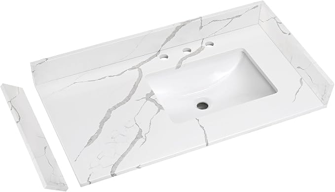 36 in.W x 22 in.D Quartz Calacatta River Vanity Top,with Undermount Right Offset Sink Vanity Top,with Two Sidesplash & One Backsplash,8 Inch Faucet Hole Spread Bathroom Vanity Sink Countertop