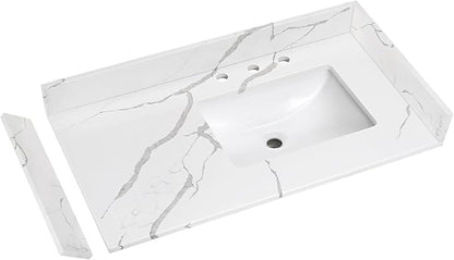 36 in.W x 22 in.D Quartz Calacatta River Vanity Top,with Undermount Right Offset Sink Vanity Top,with Two Sidesplash & One Backsplash,8 Inch Faucet Hole Spread Bathroom Vanity Sink Countertop