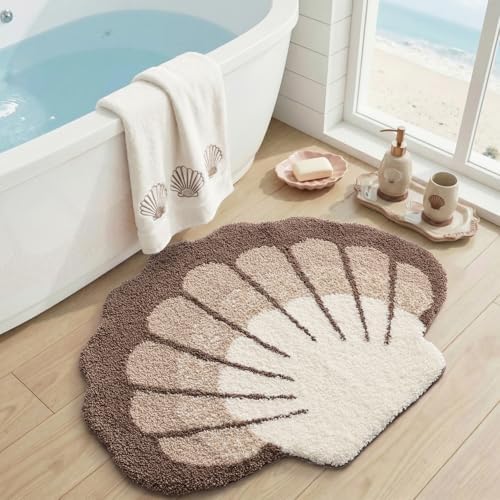 DEXI Cute Seashell Bath Mat, Coastal Scallop Bathroom Rug, 31x24 Beige