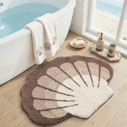 DEXI Cute Seashell Bath Mat, Coastal Scallop Bathroom Rug, 31x24 Beige