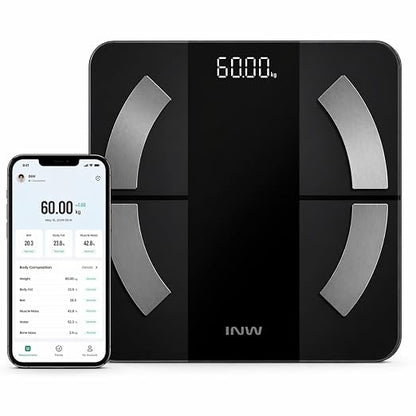 INW Smart Body Fat Scale, Digital Bathroom Scale with BMI, Body Composition, Bluetooth, Multi-User, 3 AAA Batteries Included (Black)