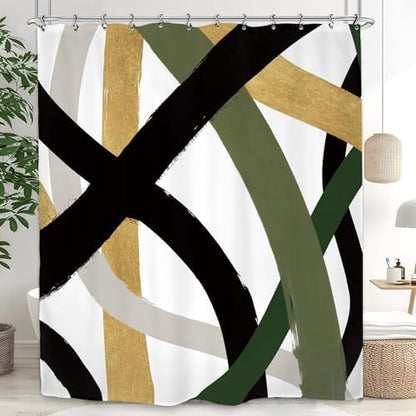 Abstract Modern Line Shower Curtain 60Wx72L Inch Black Army Green Minimalist Contemporary Art Neutral Simple Bathroom Set Accessories Decor with 12 Pack Hooks