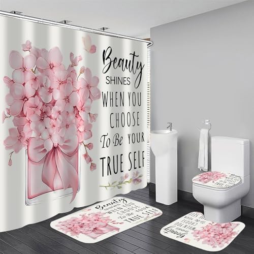 AZHM 4pcs Pink Floral Bathroom Shower Curtain Set with Rugs and Accessories