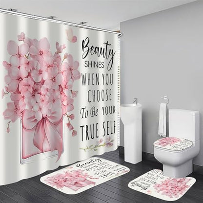 AZHM 4pcs Pink Floral Bathroom Shower Curtain Set with Rugs and Accessories