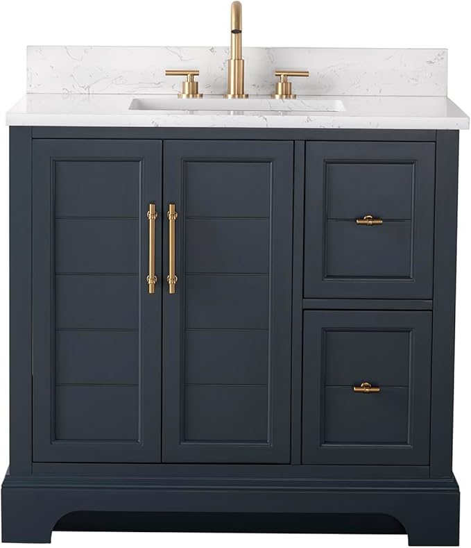 HOMEBEYOND 36 Inch Bathroom Vanity with Single Sink & Ceramic Top, Vanity Cabinet with Center Countertop Basin, Soft-Closing Doors, Backsplash, Vintage Spruce Blue